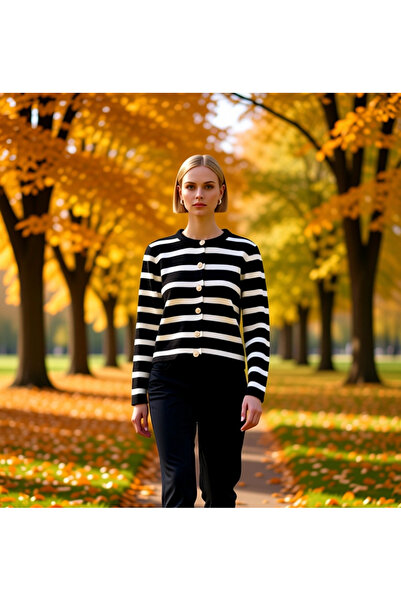 BENERLY Tricotaj cu nasturi, cu guler tip crew, în dungi, pentru femei, cardi...