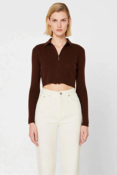 BENERLY Women's Cropped Zippered Polo Neck Long Sleeve Corded Fabric Knitwear...