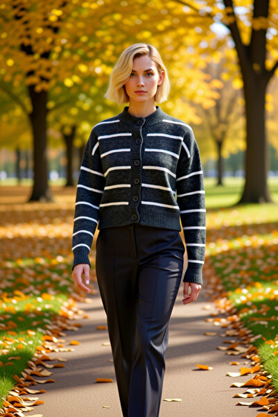 BENERLY سترة نسائية مخططة ذات ملمس ناعم وياقة دائرية وقصة قصيرة مع أزرار أمام...