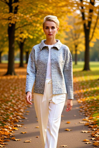 BENERLY Women's Pearl Embroidered Polo Neck Off-Shoulder Wide-Cut Long-Sleeve...