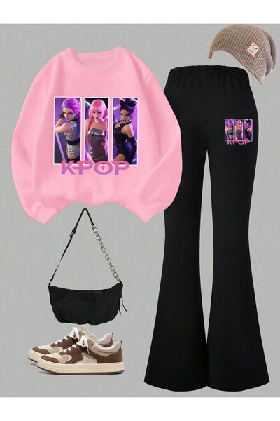VESTIR BIEN Set de îmbrăcăminte pentru fete cu imprimeu Kpop, roz și negru, c...