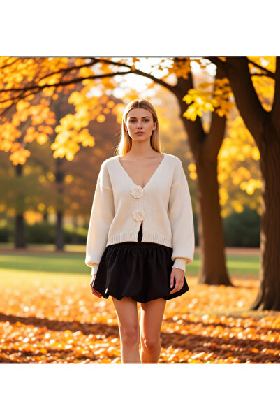 BENERLY Women's Regular Fit V-Neck Balloon Sleeve Rose Detail Crop Knit Cardi...