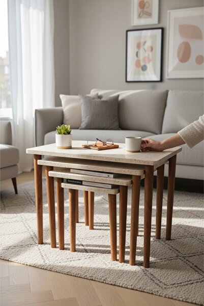 rihome Mermer Desenli Üst Tabla – Ahşap Ayaklı 4’lü Zigon Sehpa Seti | Modern...