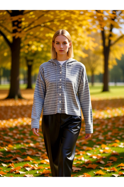 BENERLY سترة نسائية مخططة مكونة من بغطاء رأس أزرار، أنيقة للاستخدام اليومي، ب...