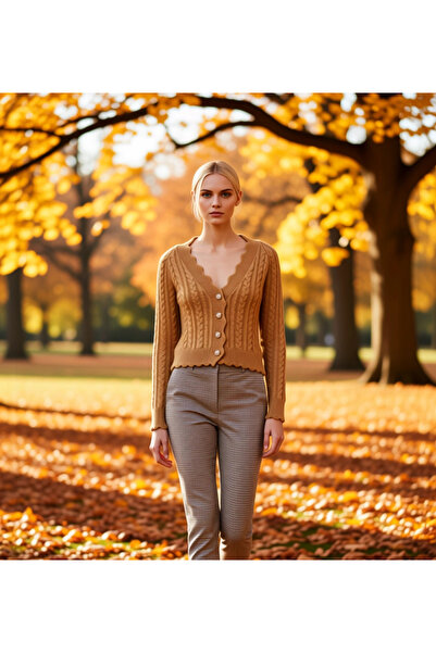 BENERLY Women's Soft Textured Hair Knit Patterned Crop Knitwear Cardigan Pear...