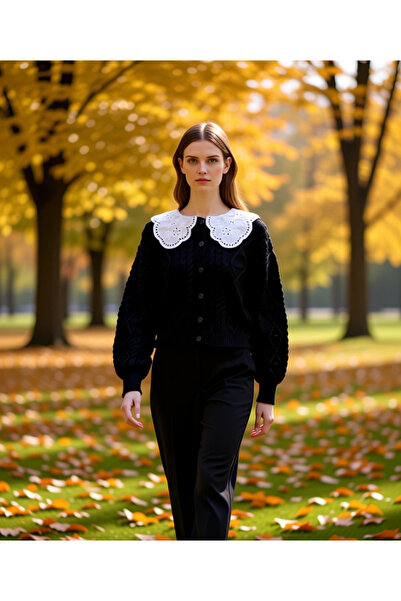 BENERLY سترة نسائية ناعمة الملمس بنمط محبوك ومزينة بالتطريز وياقة مزخرفة وأزر...