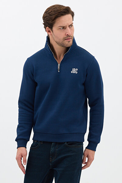 JBC Embroidered Half Zip Indigo D Mock Neck Sweatshirt