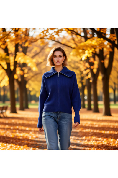 BENERLY Women's Wide-Fit Turn-Down Collar Zippered Knitwear Cardigan Long-Sle...