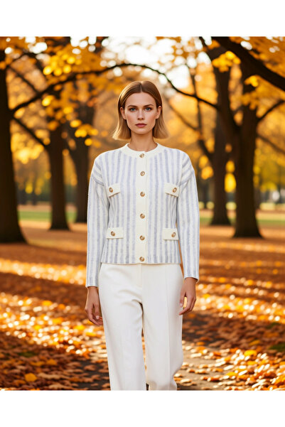 BENERLY Women's Striped Patterned Crew Neck Long Sleeve Buttoned Knitwear Car...