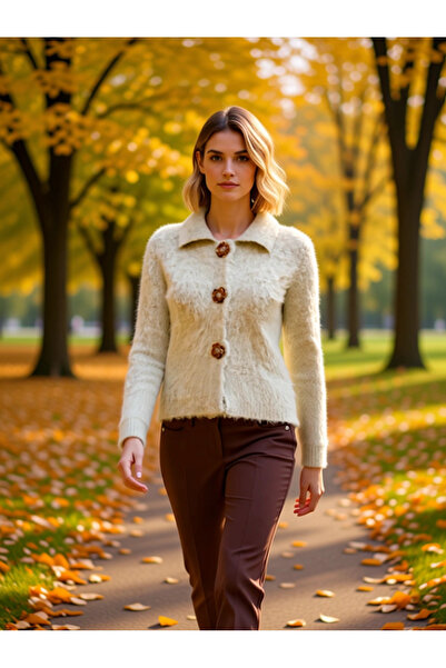 BENERLY Women's Soft Textured Rose Button Detailed Boucle Yarn Long Sleeve Re...