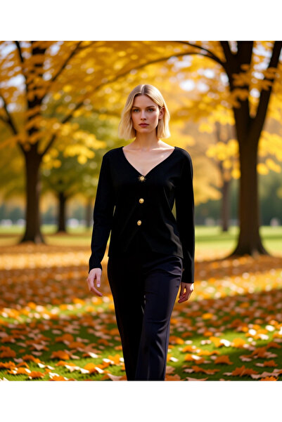 BENERLY كارديجان نسائي أنيق بياقة على شكل حرف V وأزرار، يتميز بتصميم خالد ينا...