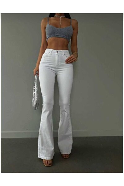 TRENDNATUREL Pantaloni spanioli albi material elastic talie înaltă