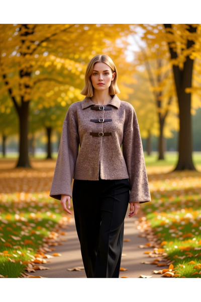 BENERLY Kadın Polo Yaka Toka Detaylı Düşük Kol Yumuşak Dokulu Triko Hırka Cek...