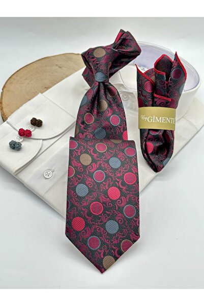 Gutiero Black Claret Red Patterned Classic Tie with Handkerchief