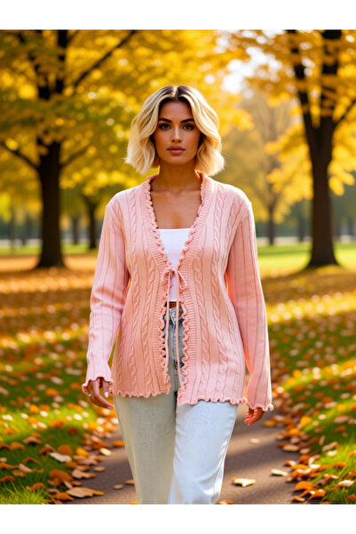 BENERLY Women's V-Neck Tie-Up Hair Knit Patterned Long Sleeve Fitted Fit Knit...