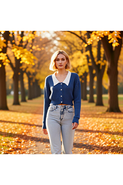 BENERLY Women's Peter Pan collar Detailed Corded Fabric Knitwear Crop Cardiga...