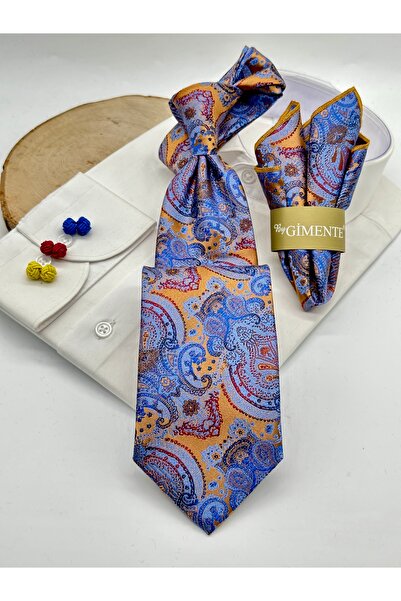 Gutiero Classic Tie with Yellow and Blue Shawl Patterned Handkerchief