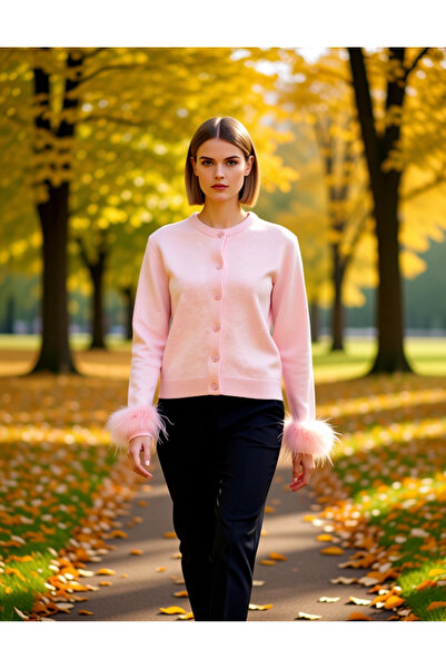 BENERLY Women's Crew Neck Otriş Detailed Soft Textured Knitwear Cardigan Casu...