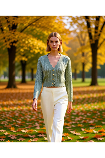 BENERLY Women's Soft Textured Hair Knit Patterned Crop Knitwear Cardigan Pear...