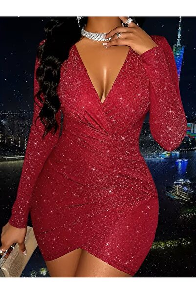 Lacis Κόκκινο φόρεμα με μακρυμάνικο κορδόνι διπλό πέτο και κομμένο στο κάτω μέρος διπλό πέτο