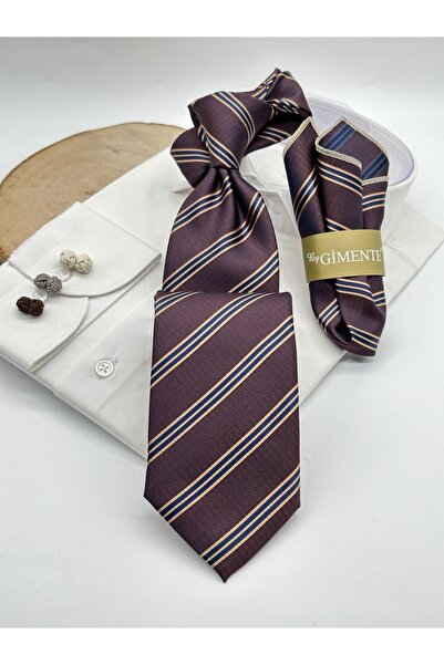 Gutiero Classic Tie with Brown Striped Handkerchief