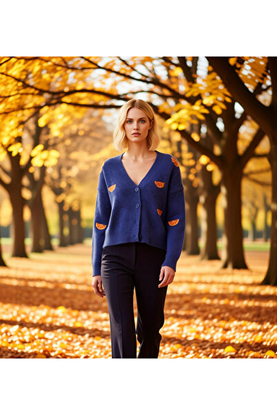 BENERLY Women's Oversized Crop V-Neck Low Sleeve Embroidered Knitwear Cardiga...