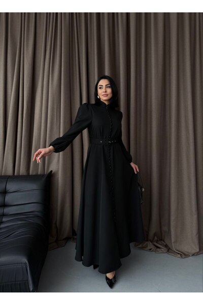 MSN Rochie cu guler înalt din țesătură Atlas, cu detaliu de nasturi, fără int...