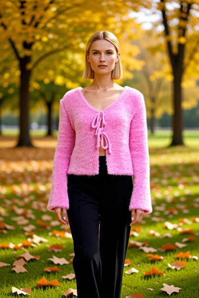 BENERLY Kadın Tüylü Bağlama Detaylı Crop Triko Hırka Günlük Şıklık Ve Sunan M...