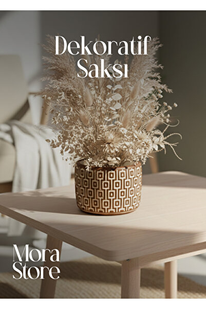 mora store Bohem Tarz Kahverengi Beton Saksı 14×10 cm | Ev–Ofis Dekorasyon İç...