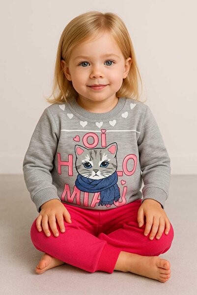 krm kerem bebe Girl's Thick Winter Cat Patterned Double Set