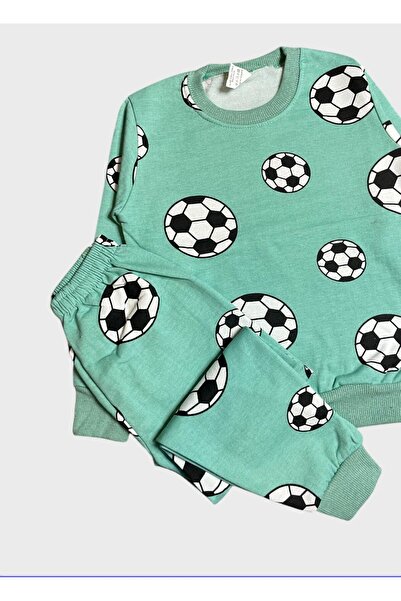ALİŞ KİDS Boys' Cotton Fleece-Lined Green Football Ball Patterned Long Sleeve Winter Pajama Set