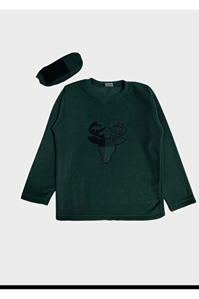 ALİŞ KİDS Boys-Girls Cotton Fleece Fabric Green Christmas Deer Pattern Winter Pajama Set with Sleep Band