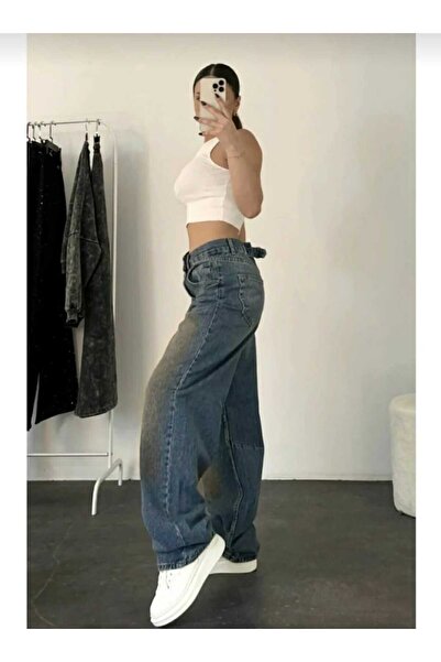 TRENDNATUREL Pantaloni largi, casual, cu detaliu cu cataramă, albastru talie înaltă