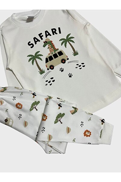ALİŞ KİDS Boy's 100% Cotton Fabric Ecru Color Safari Patterned Long Sleeve Pajama Set