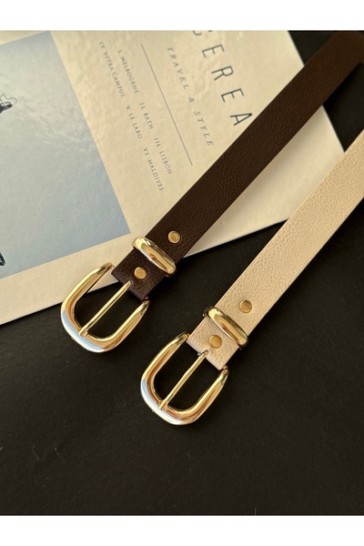 TABA BUTİK Curea de piele pentru femei cu detaliu cataramă aurie 105 CM