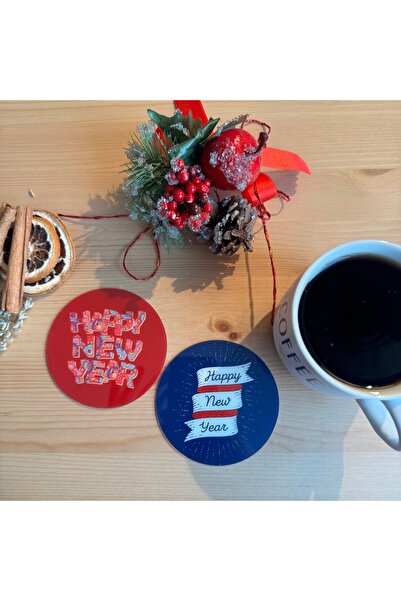 Lazer Store قاعدة كوب مستديرة منقوشة للعام الجديد مطبوع مكونة من قطعتين موديل...