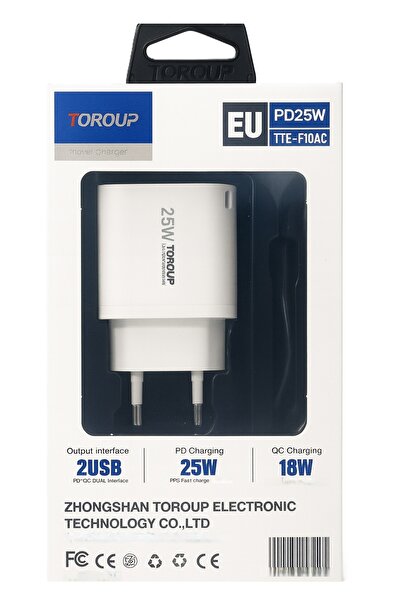 Toroup Dual PD 25W charger, 2 output channels: USB-A and USB Type C