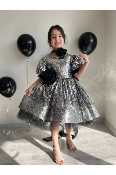 Sare Çocuk Giyim Ασημένια παγιέτα με μεγάλο φιόγκο με λεπτομέρειες αστραφτερό βραδινό φόρεμα + αγκράφα + κολάρο