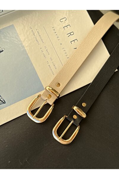 TABA BUTİK Curea de piele pentru femei cu detaliu cataramă aurie 105 CM