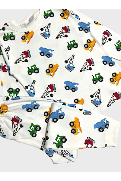 ALİŞ KİDS Boys' 100% Cotton White Car Engineering Vehicle Pattern Long Sleeve Pajama Set