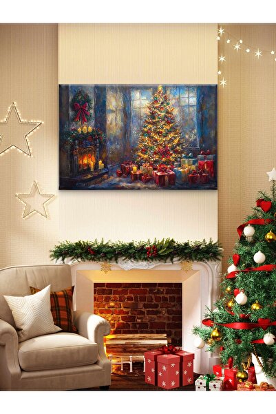 ESLEM NOEL AĞACI VE ŞÖMİNE ÖNÜ HEDİYELER - YILBAŞI TEMASI - BASKI KANVAS TABLO