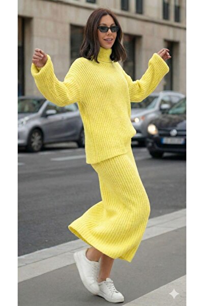 TOFİX textile Tricotaj Set de 2 piese fustă pulover cu gât înalt cu nervuri