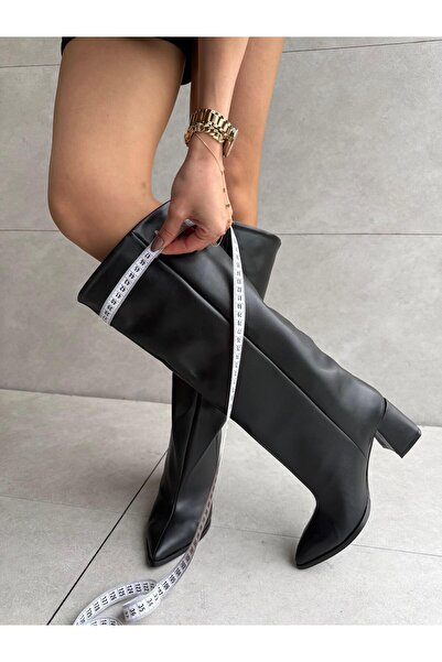 Elvinin Tarzı Pesa Black Leather Thick Heeled XL Cut Women's Boots
