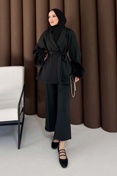 Melike Tatar Sleeved Fur Scuba Suit Black 3725