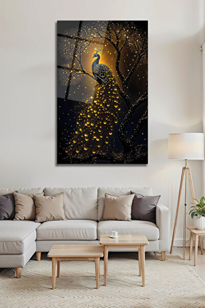 B&G DESIGN Ultra Lüks Gold Işıltılı Tavus Kuşu Cam Tablo Altın Parıltılı Ağaç ve Kuş Dekoratif Duvar Sanatı
