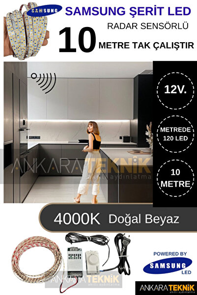 ankarateknik Samsung 12 Volt 10 Metre Hareket Sensörlü Şerit Led Hazır Set/4000K Doğal Beyaz