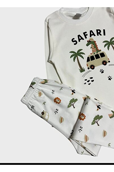 ALİŞ KİDS Boy's 100% Cotton Fabric Ecru Color Safari Patterned Long Sleeve Pajama Set