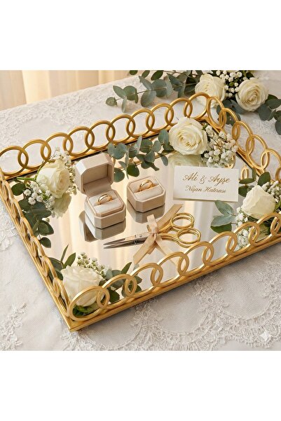 Yavuzhan Metal Aynalı Halka Detaylı Gold Dekoratif Tepsi Küçük (20x30)