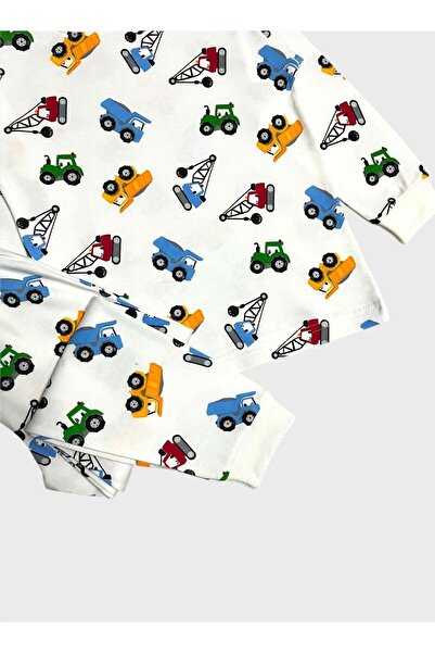 ALİŞ KİDS Boys' 100% Cotton White Car Engineering Vehicle Pattern Long Sleeve Pajama Set