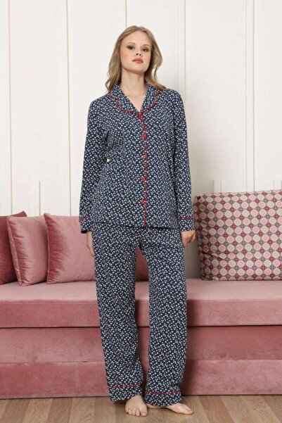 ALİMER Set de pijamale pentru femei cu nasturi în față - cu mâneci lungi cu model de margarete bleumarin material elastic bumbac 2886UKL